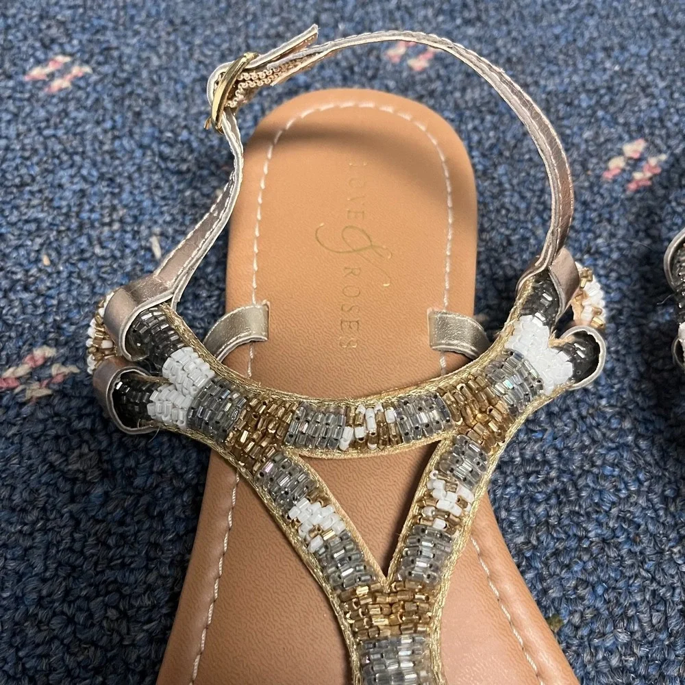 Love & Roses Womens Sz 6 Thong Flip Flop Sandal Metallic Snake Bead Ankle Strap‎